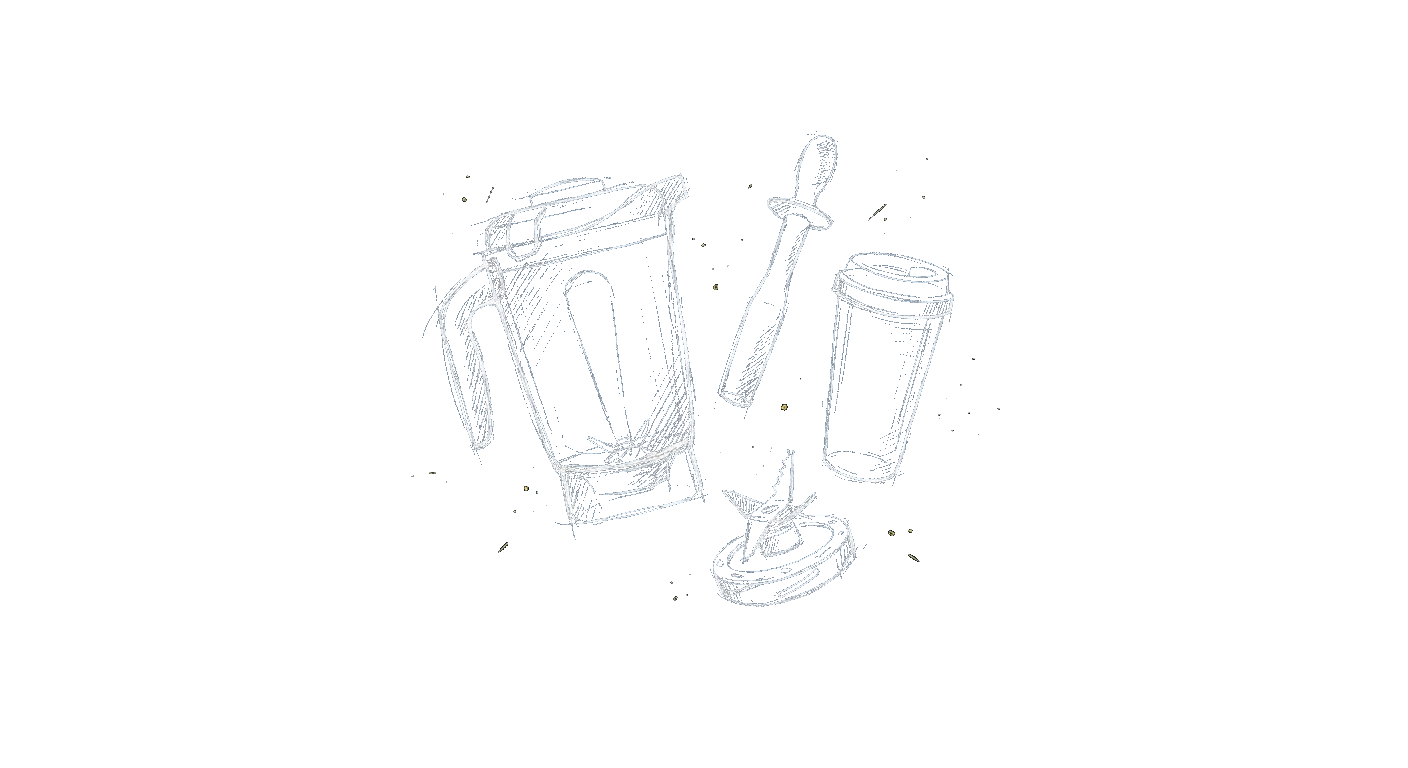 Illustration of blender accessories: a spare jar, tamper, and to-go cup