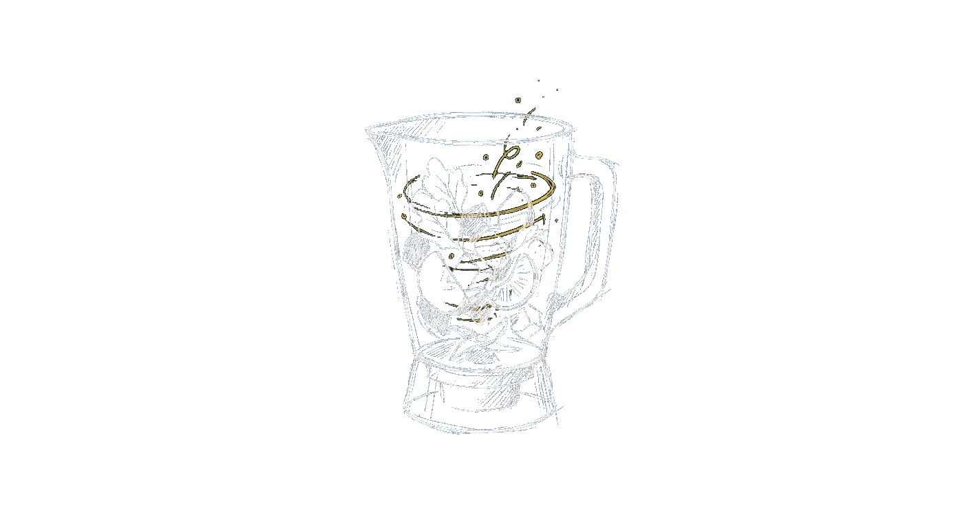 Illustration of a blender jar full of fruit and ice mid-blend