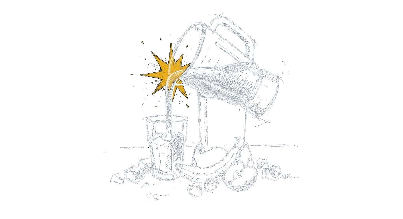 Line-art illustration of a countertop blender pouring a smoothie into a glass