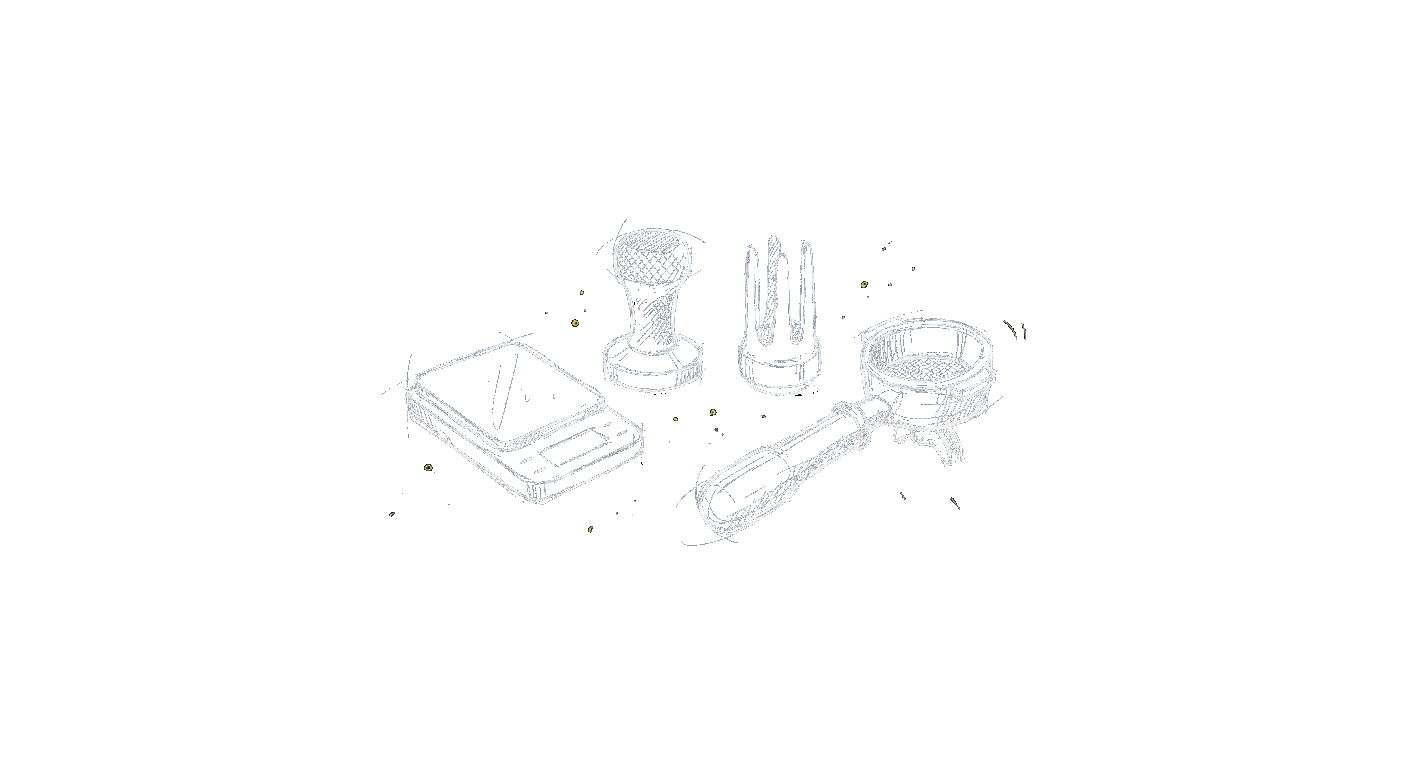 Illustration of espresso accessories: a scale, tamper, and distribution tool