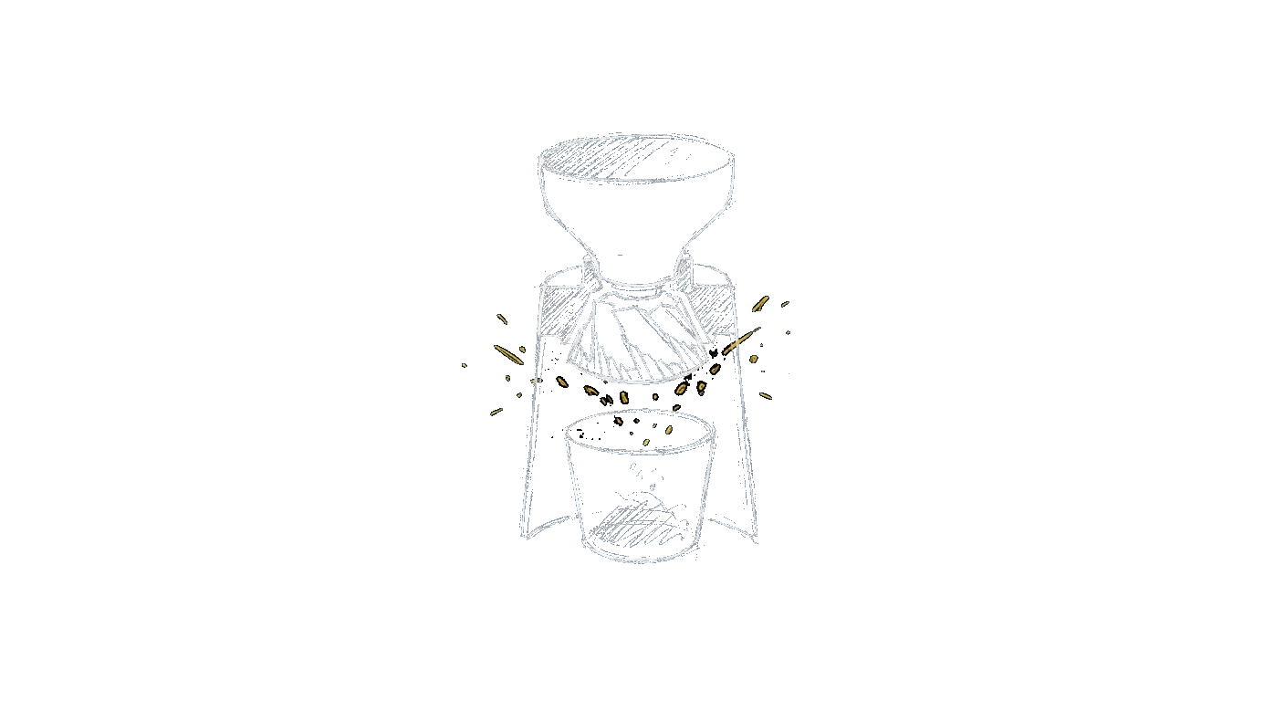 Illustration of a conical burr set inside a grinder, ground coffee falling below