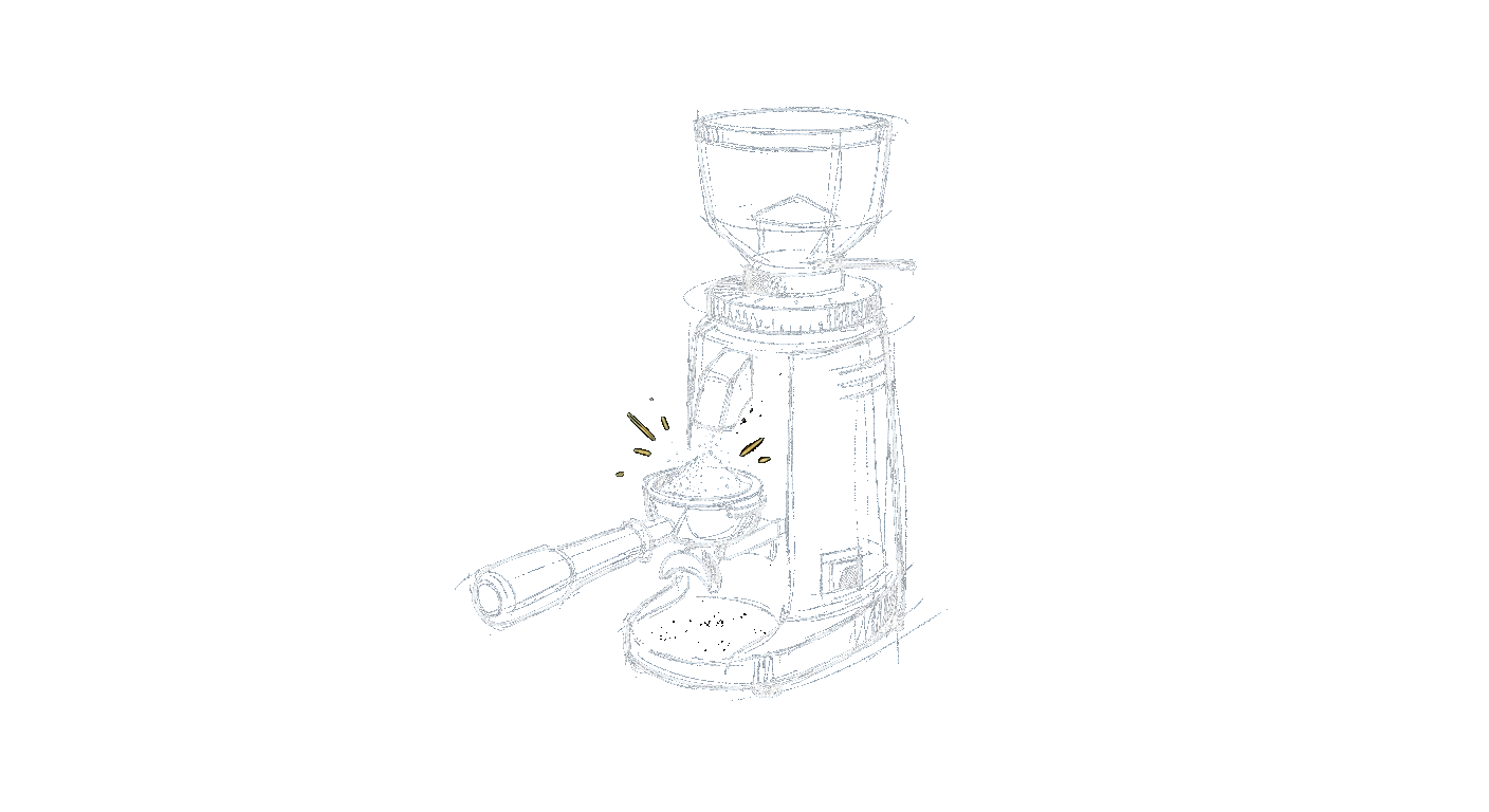 Illustration of an espresso grinder dosing fine grounds into a portafilter