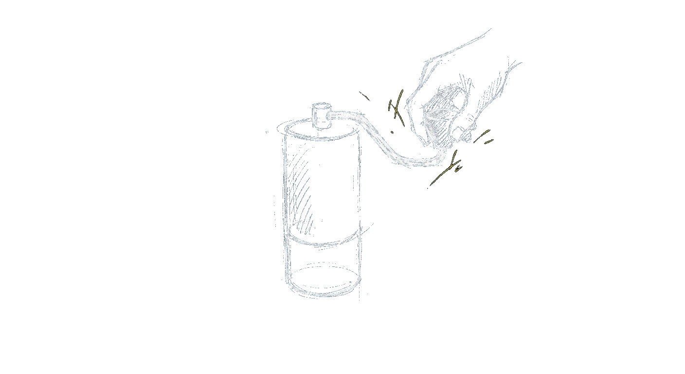 Illustration of a hand-cranked manual coffee grinder being turned