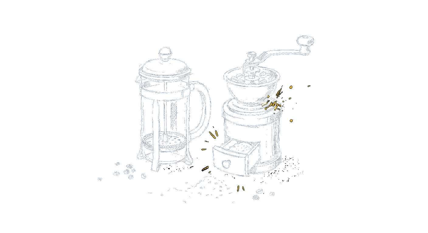 Illustration of a French press beside a grinder set to coarse