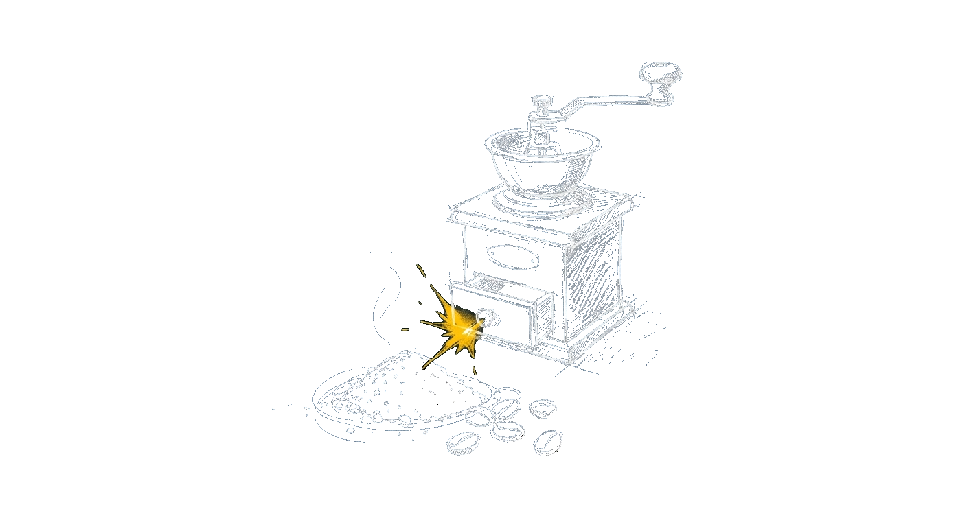 Line-art illustration of a hand pouring freshly ground coffee from a burr grinder into a brewer