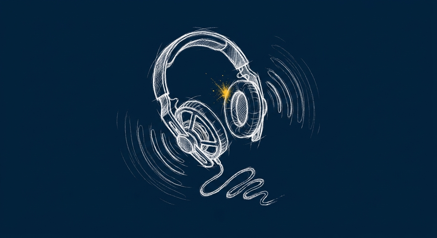 Line-art illustration of over-ear headphones with sound waves