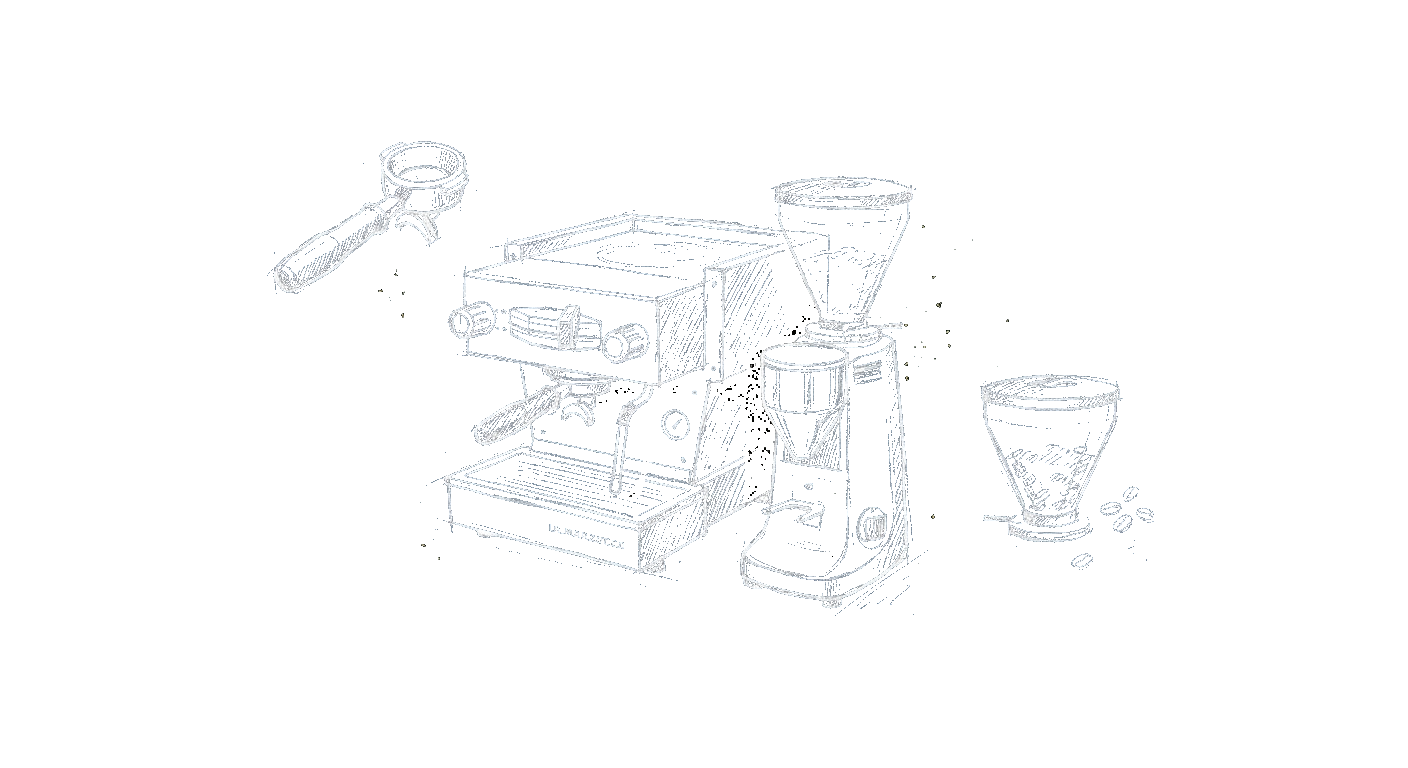 Illustration of an espresso machine and grinder shown side by side as a study