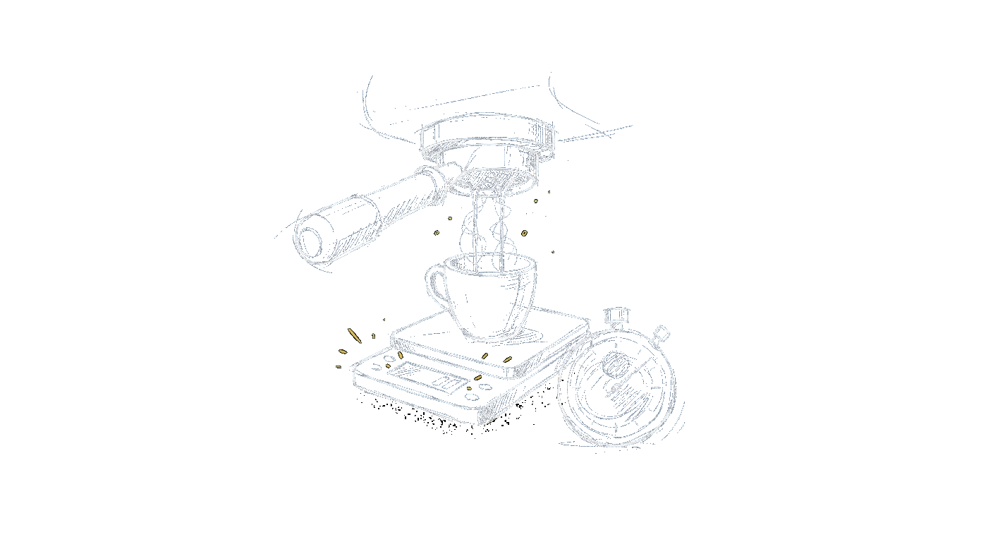 Illustration of a scale under a cup catching an espresso shot, a timer beside it