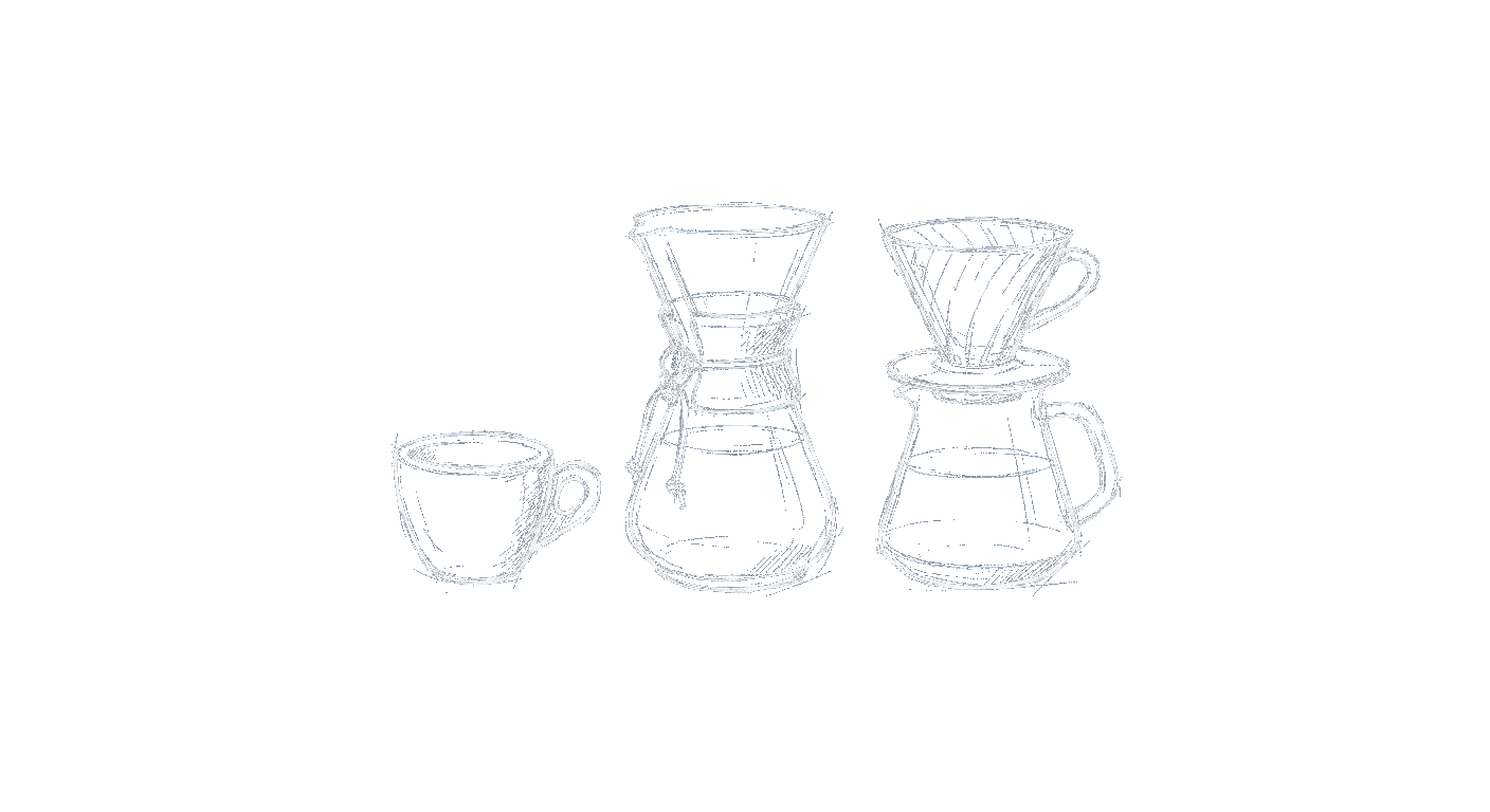 Illustration of an espresso cup, a drip carafe, and a pour-over cone side by side