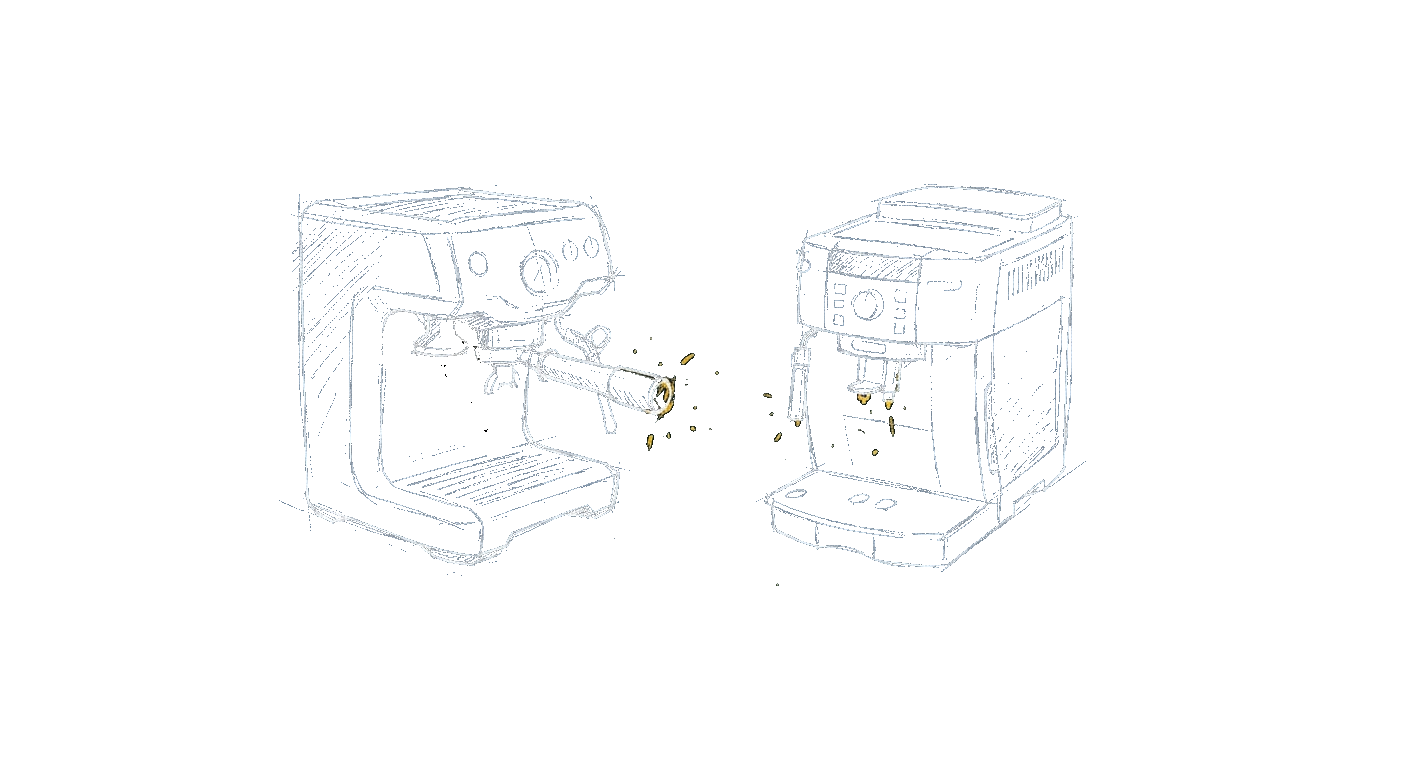 Illustration contrasting a semi-automatic machine with a portafilter and a one-touch super-automatic