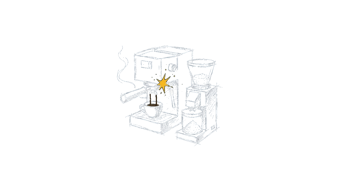 Line-art illustration of an espresso machine pulling a shot beside a burr grinder