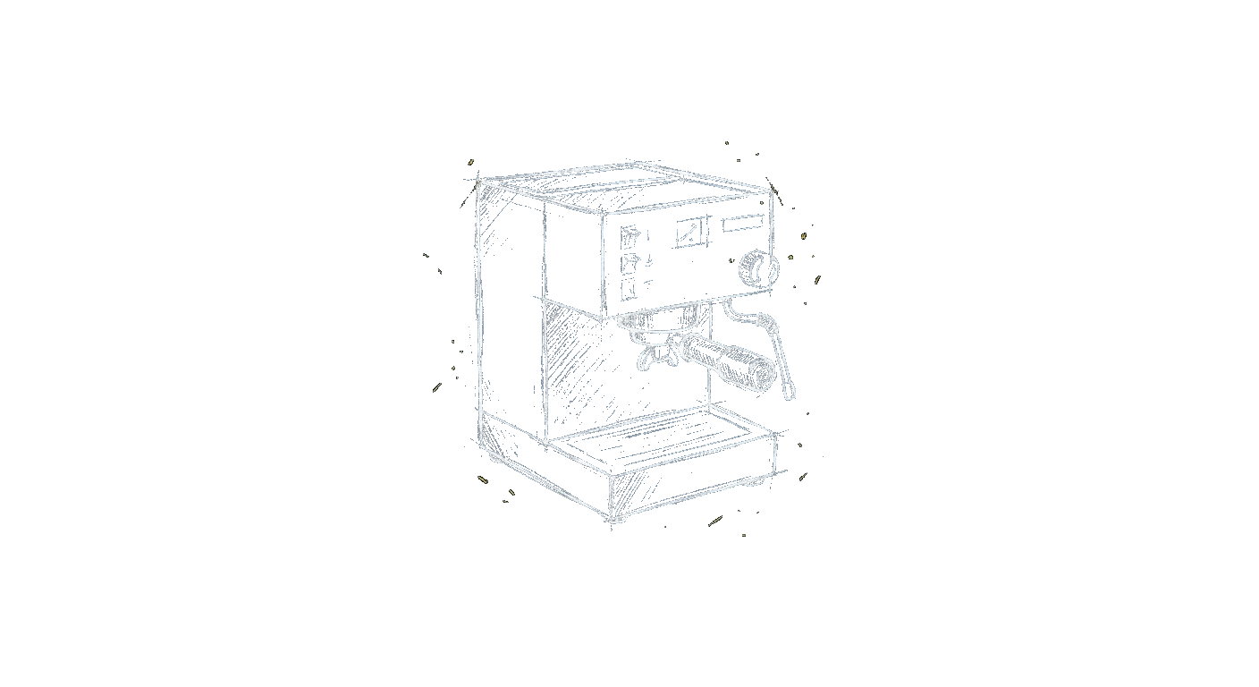 Illustration of a classic boxy stainless semi-automatic espresso machine with a commercial portafilter
