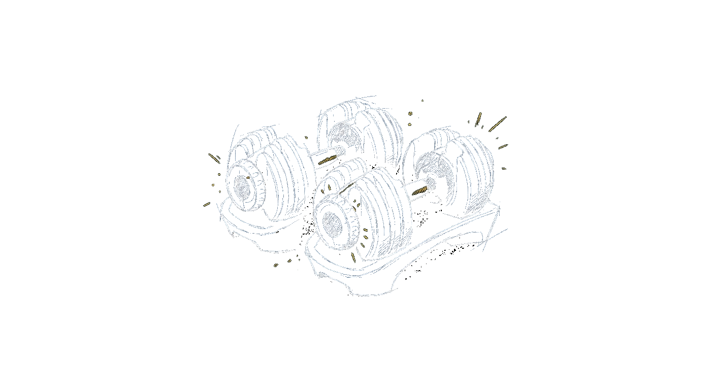 Illustration of a pair of adjustable dumbbells with a selector dial on a cradle