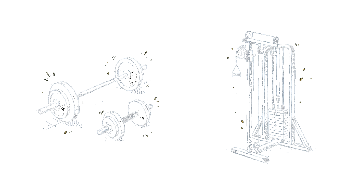 Illustration contrasting a barbell and dumbbell against a cable machine