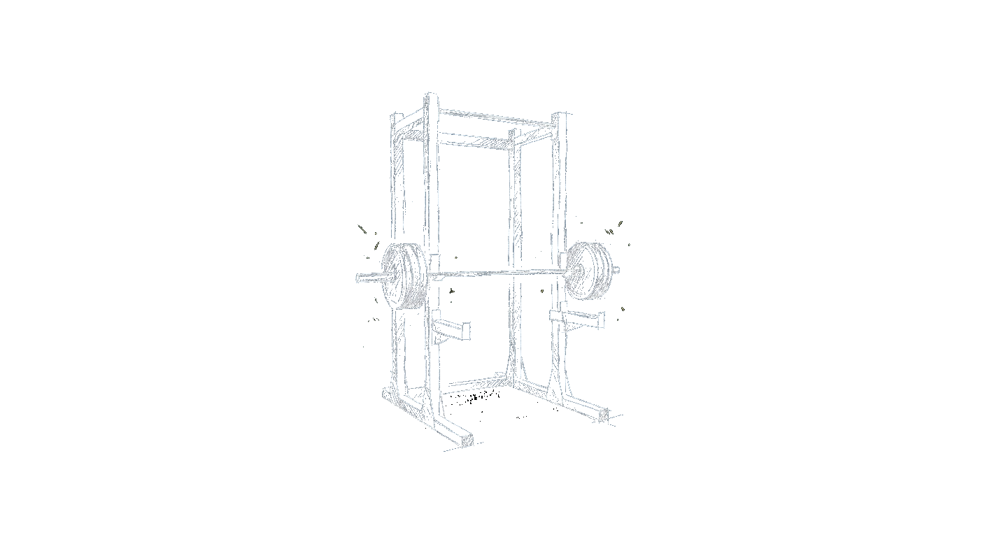 Illustration of a four-post power rack with a loaded barbell on the safety arms