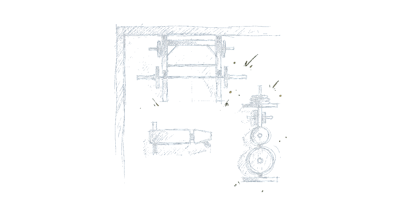 Illustration of a small home gym layout with a rack, bench, and weights as a study