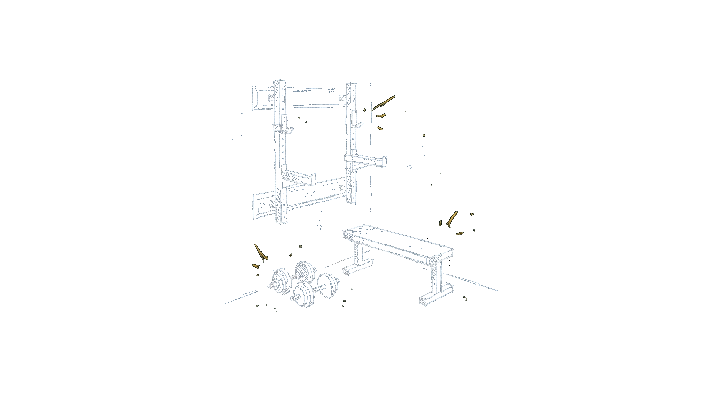 Illustration of a folding wall-mounted rack and compact gear in a tight corner