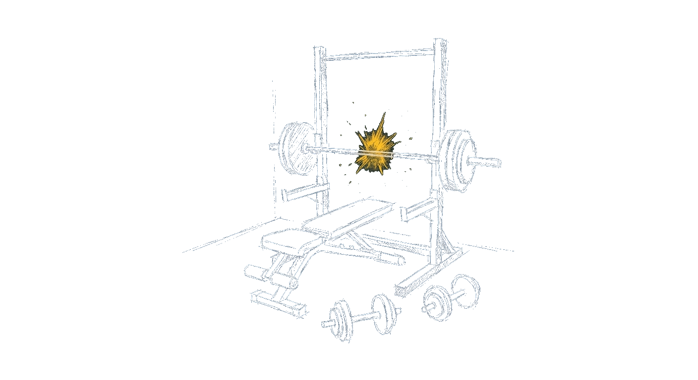 Line-art illustration of a home gym corner with a power rack, barbell, and dumbbells