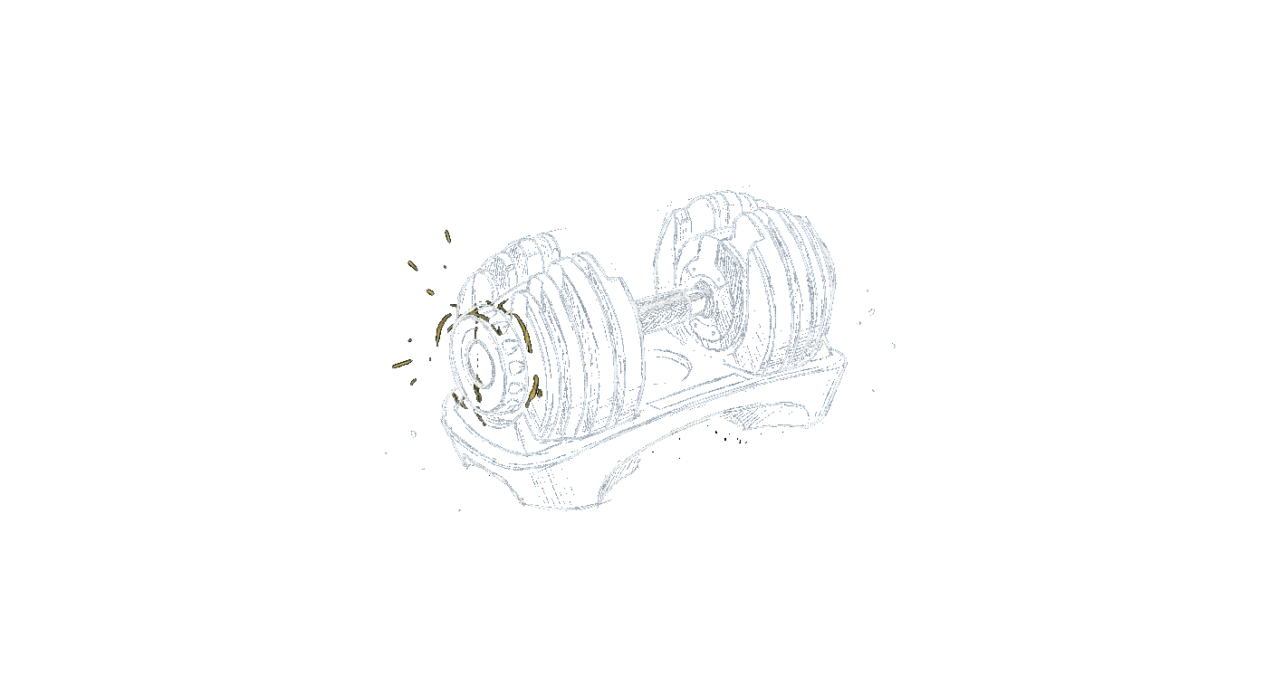 Illustration of an adjustable dumbbell with a turn-dial selector resting in its tray