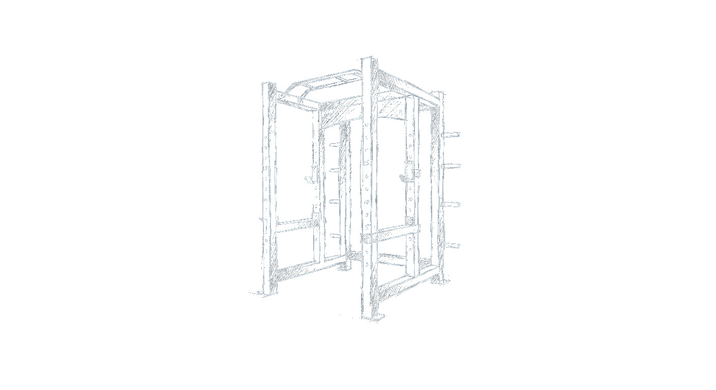 Illustration of a heavy-duty four-post power rack with a pull-up bar