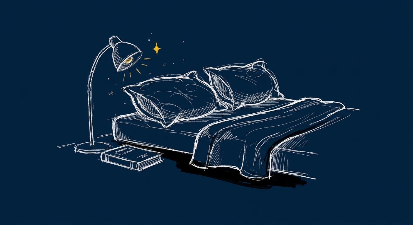 Line-art illustration of a bed with pillows and a reading lamp