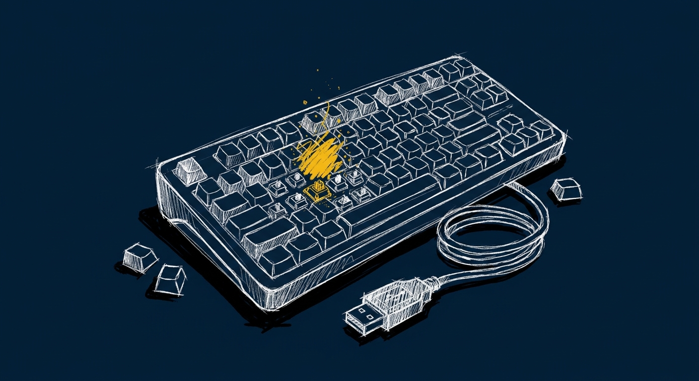 Line-art illustration of a mechanical keyboard with keycaps