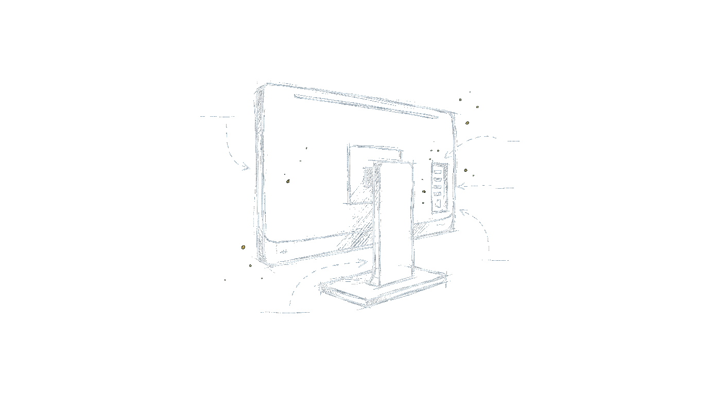 Illustration of a monitor shown as a labelled study of screen, stand, and ports
