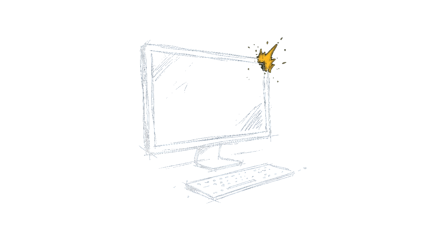 Line-art illustration of a widescreen monitor on a stand at a desk