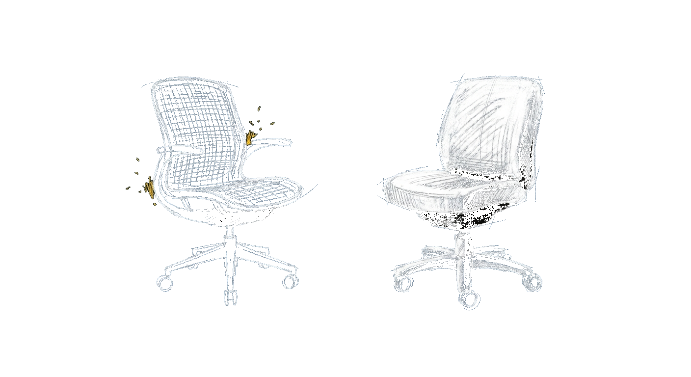 Illustration contrasting a mesh-back chair with an upholstered ergonomic chair