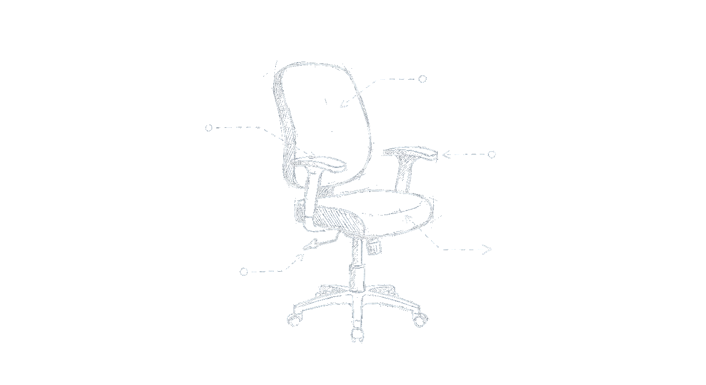 Illustration of an office chair shown as a labelled study of its parts