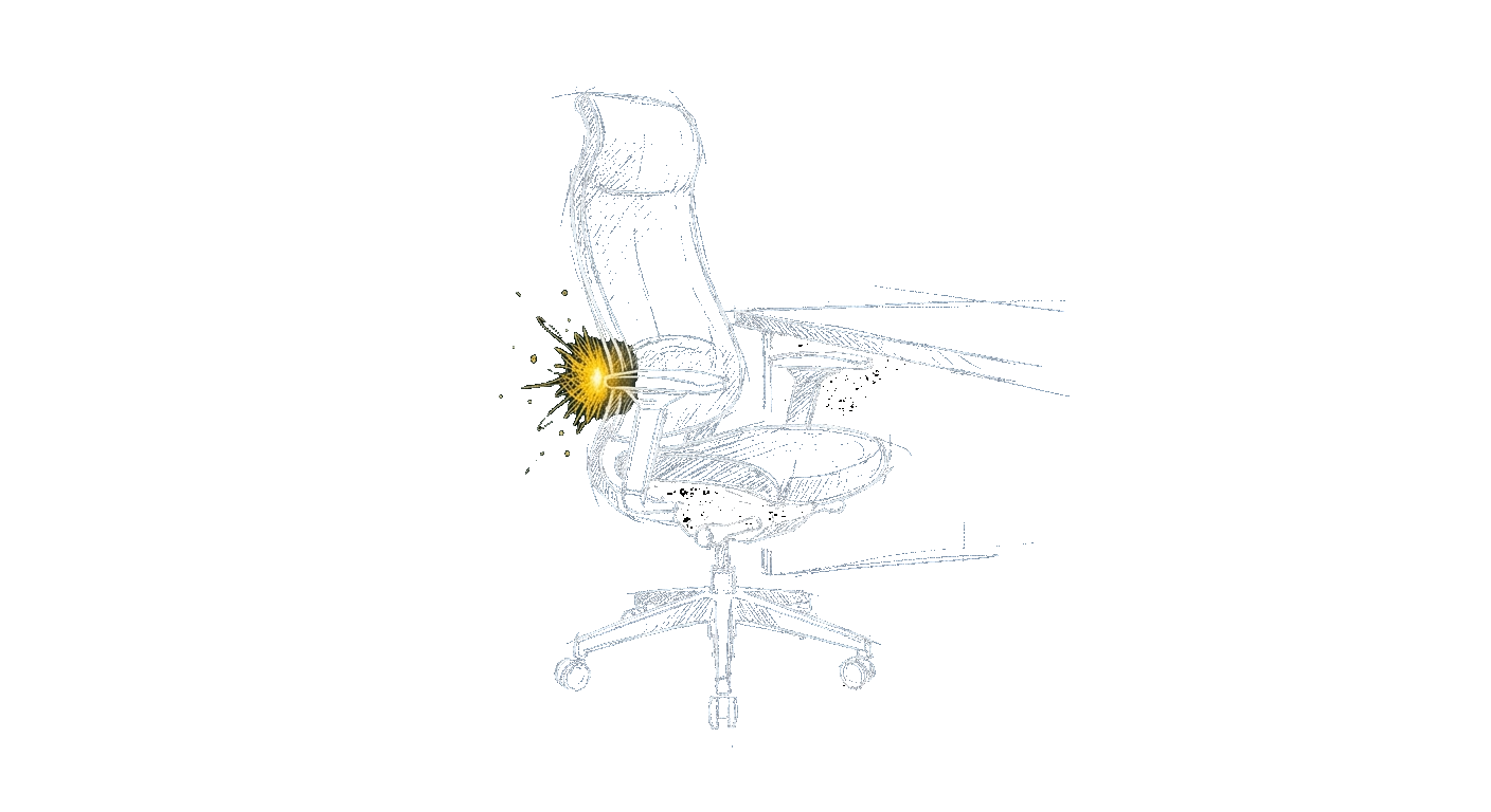 Line-art illustration of an ergonomic office chair at a desk