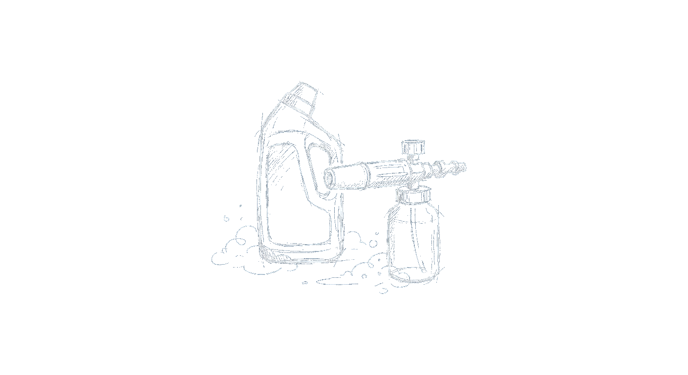 Illustration of a detergent bottle beside a pressure washer foam cannon