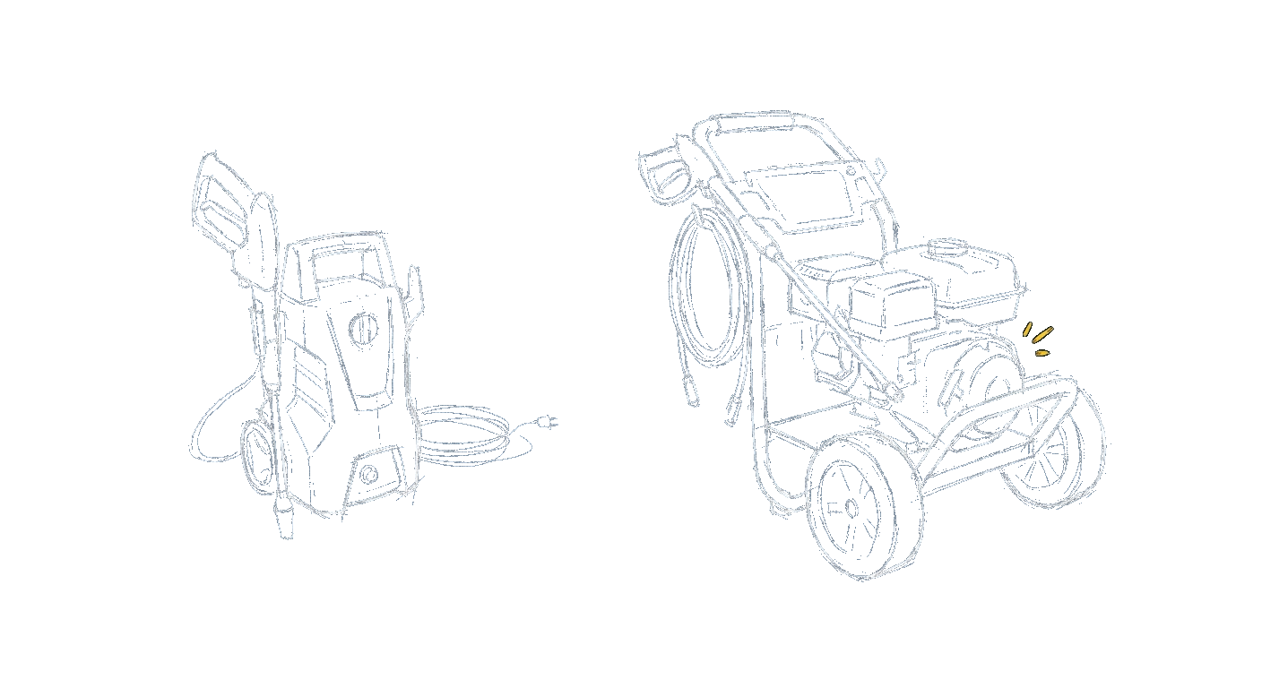Illustration contrasting a corded electric pressure washer with a gas-engine unit