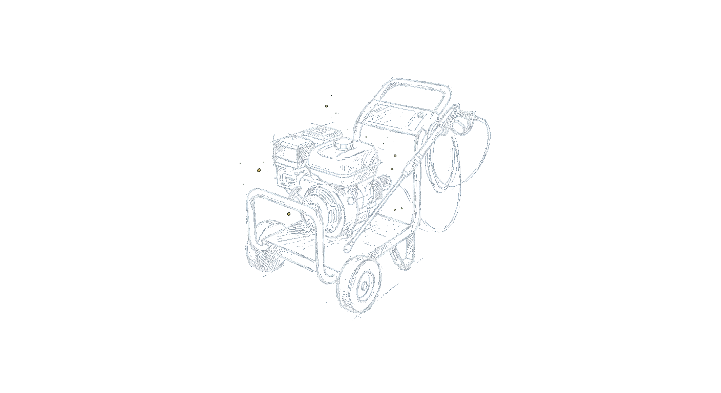Illustration of a gas pressure washer on a wheeled frame with an engine
