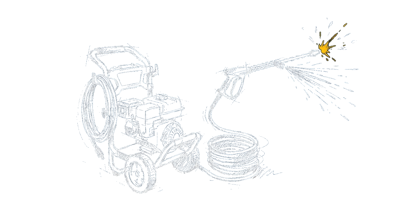 Line-art illustration of a pressure washer with a spray wand blasting a fan of water