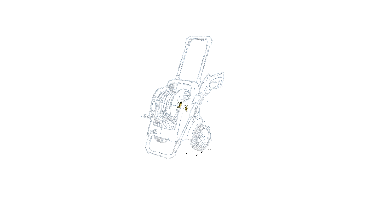 Illustration of a compact electric pressure washer with an upright handle and onboard hose reel