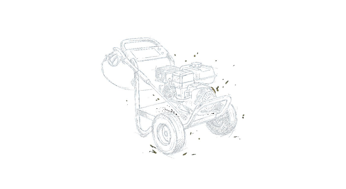 Illustration of a gas pressure washer on a steel frame with a pull-start engine
