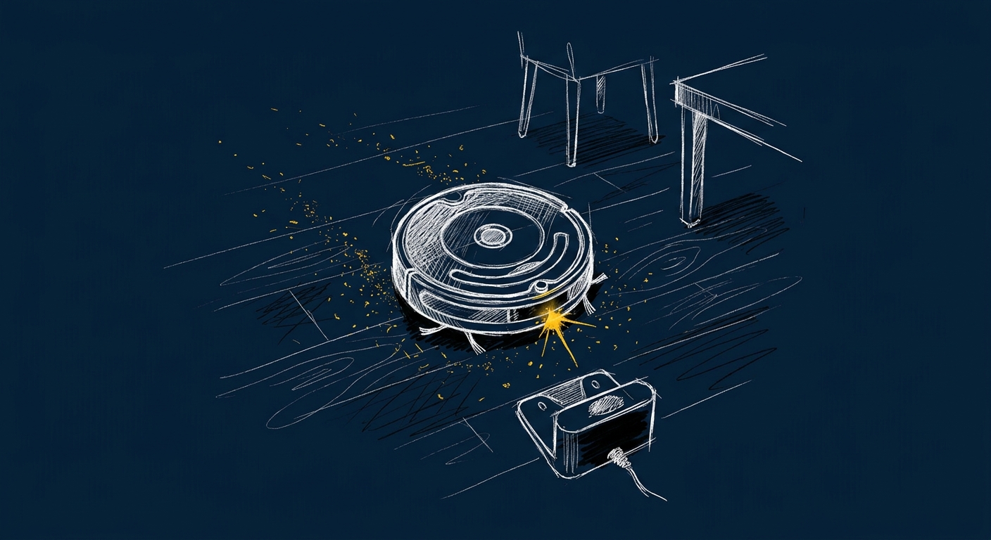 Line-art illustration of a round robot vacuum cleaning a floor