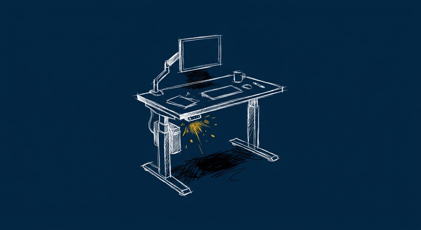 Line-art illustration of an electric standing desk with monitor and workspace